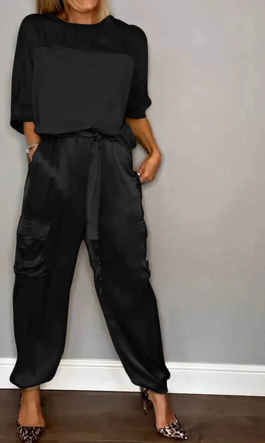 Satin Half Sleeves T-Shirt + Cargo Cuffed Pant - Two-Piece Set