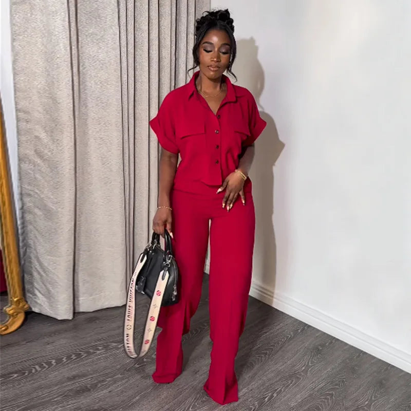 Casual Solid Short Sleeve Loose Shirt & Wide Leg Pants - Two-Piece Set