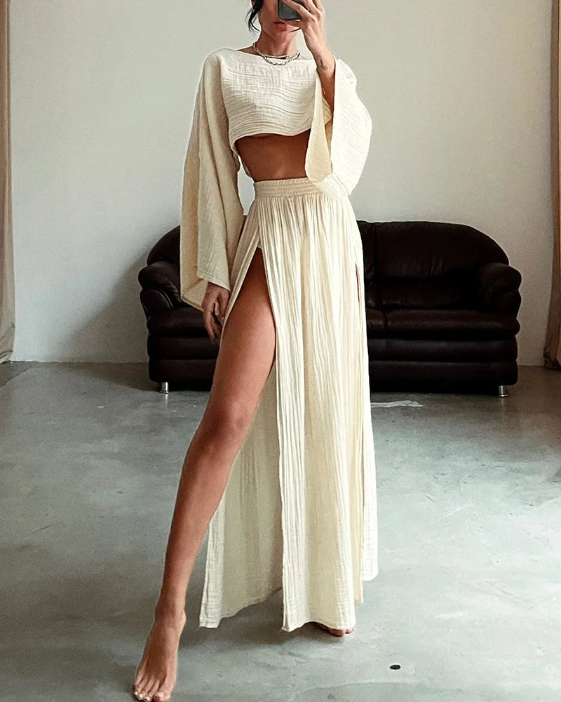 Casual Linen O Neck Cropped Top + Long Side Slit Skirt - Two-Piece Set