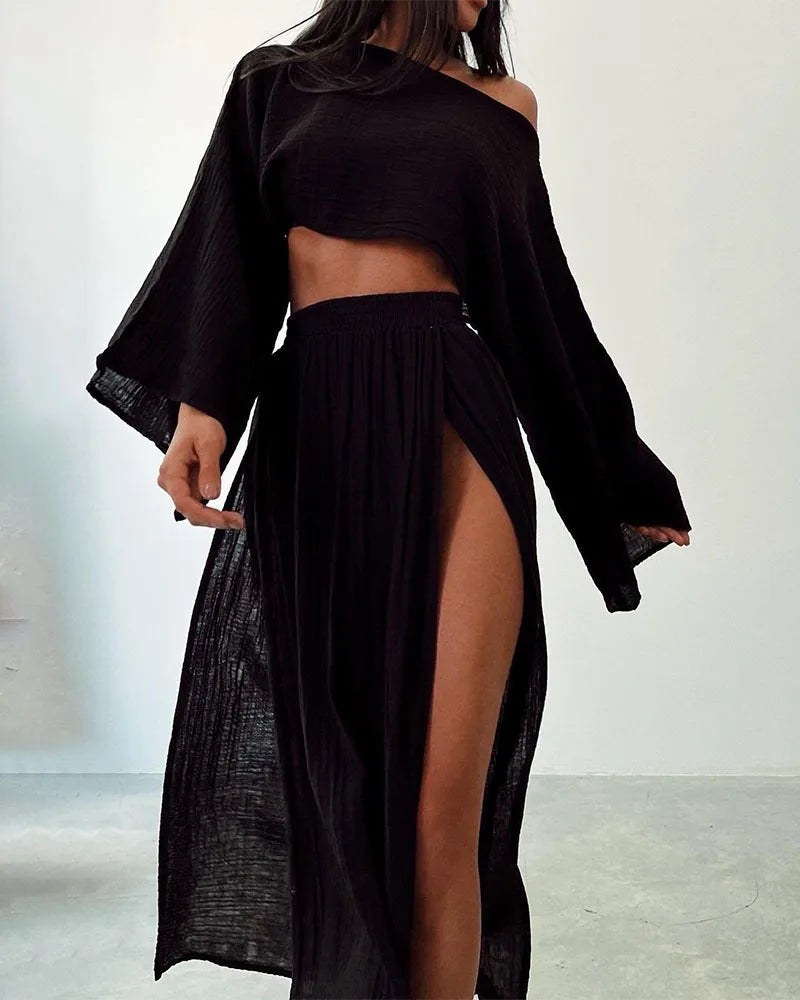 Casual Linen O Neck Cropped Top + Long Side Slit Skirt - Two-Piece Set