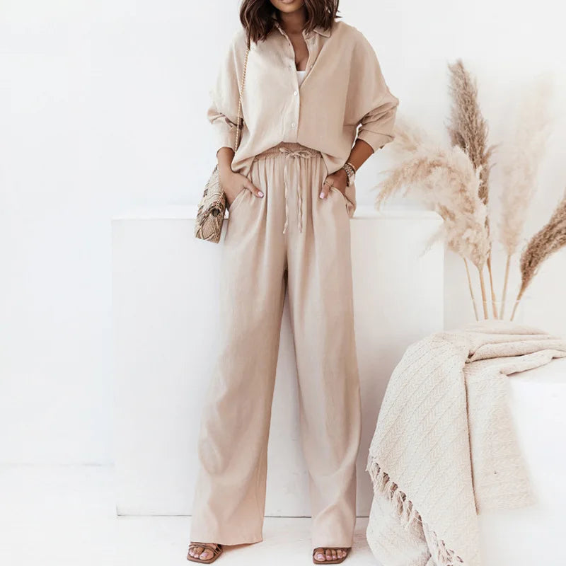 Solid Color Lapel Top + High Waist Trousers -Two-Piece Set