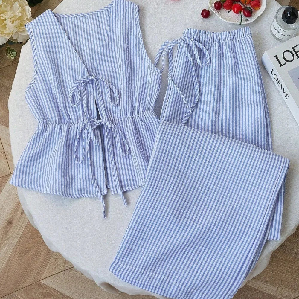 Striped Bow-Tie Top + Wide Leg Pant - Two-Piece Set