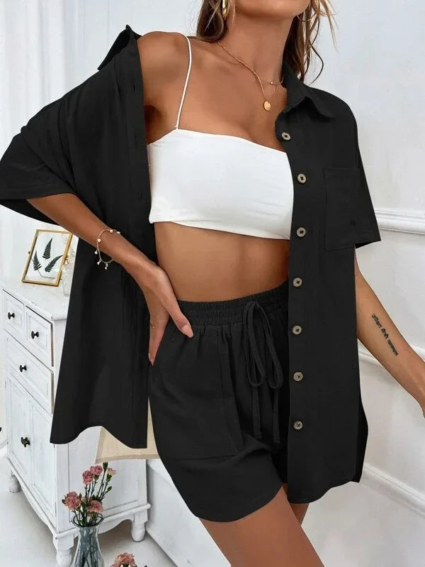 Solid Color Button Shirt w/ Pocket + Tie Shorts - Two-Piece Set