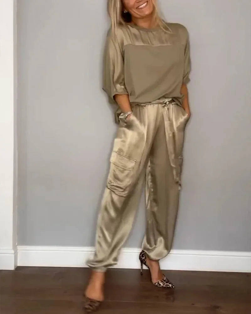 Satin Half Sleeves T-Shirt + Cargo Cuffed Pant - Two-Piece Set