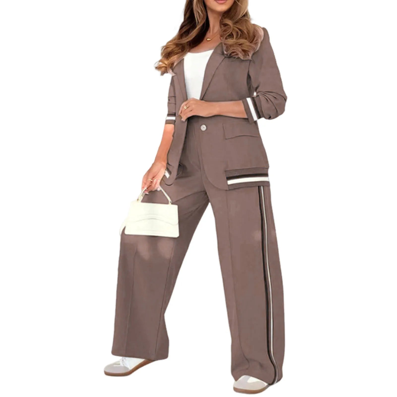 Casual Lapel Blazer Jacket + Wide-Leg Trousers