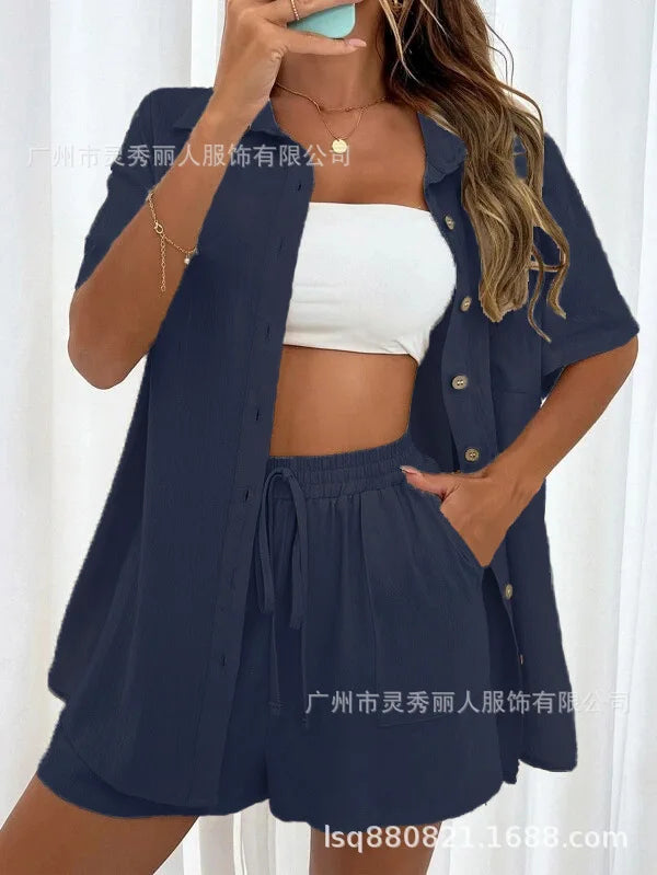 Solid Color Button Shirt w/ Pocket + Tie Shorts - Two-Piece Set