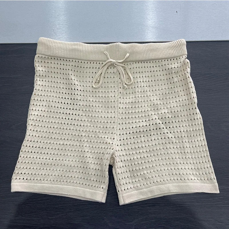 Slim Knit Hollow Cardigan Top + Short - Two-Piece Set