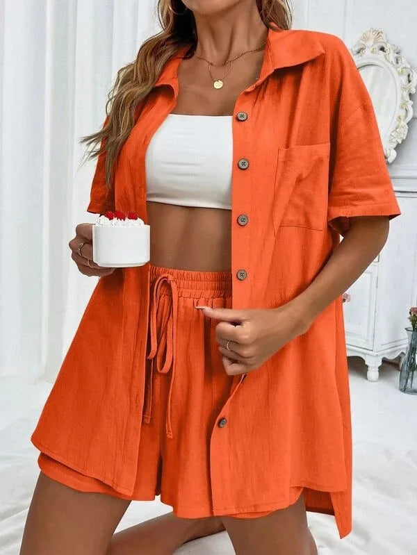 Solid Color Button Shirt w/ Pocket + Tie Shorts - Two-Piece Set