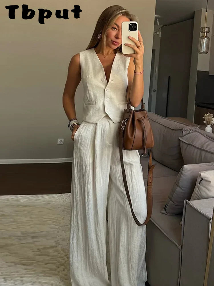 Yellow Sleeveless Button-Down Vest + Trouser Pant Suit - Two-Piece Set