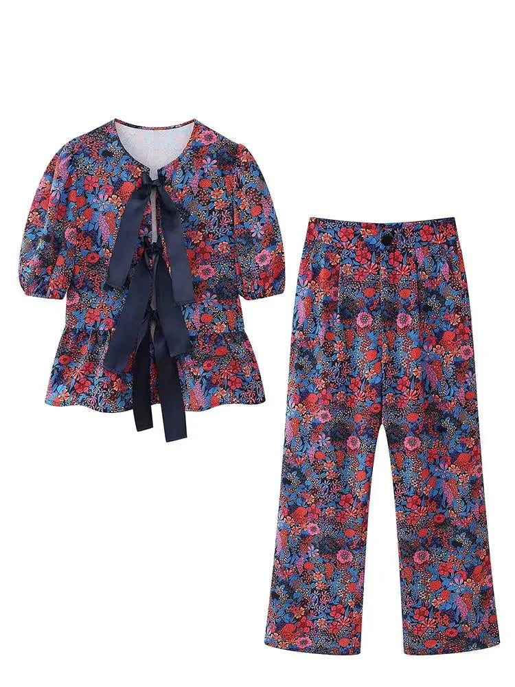 Floral Print Bow-Tie Blouse + Trouser Pant - Two-Piece Set
