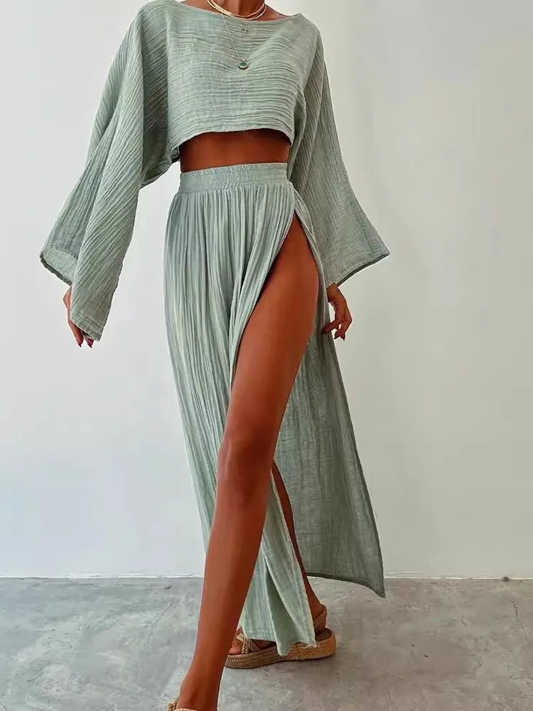 Casual Linen O Neck Cropped Top + Long Side Slit Skirt - Two-Piece Set