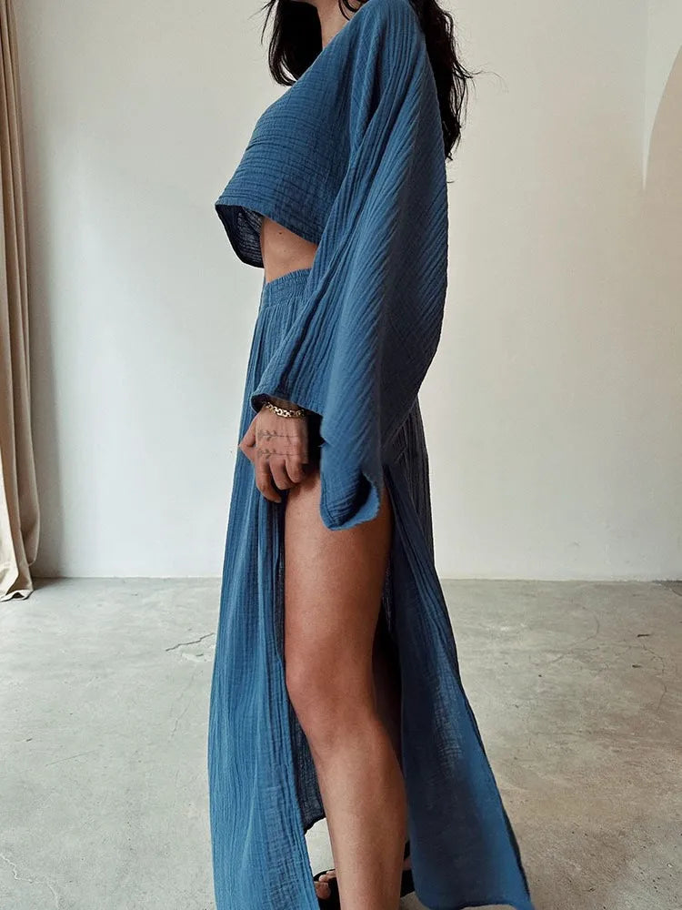 Casual Linen O Neck Cropped Top + Long Side Slit Skirt - Two-Piece Set