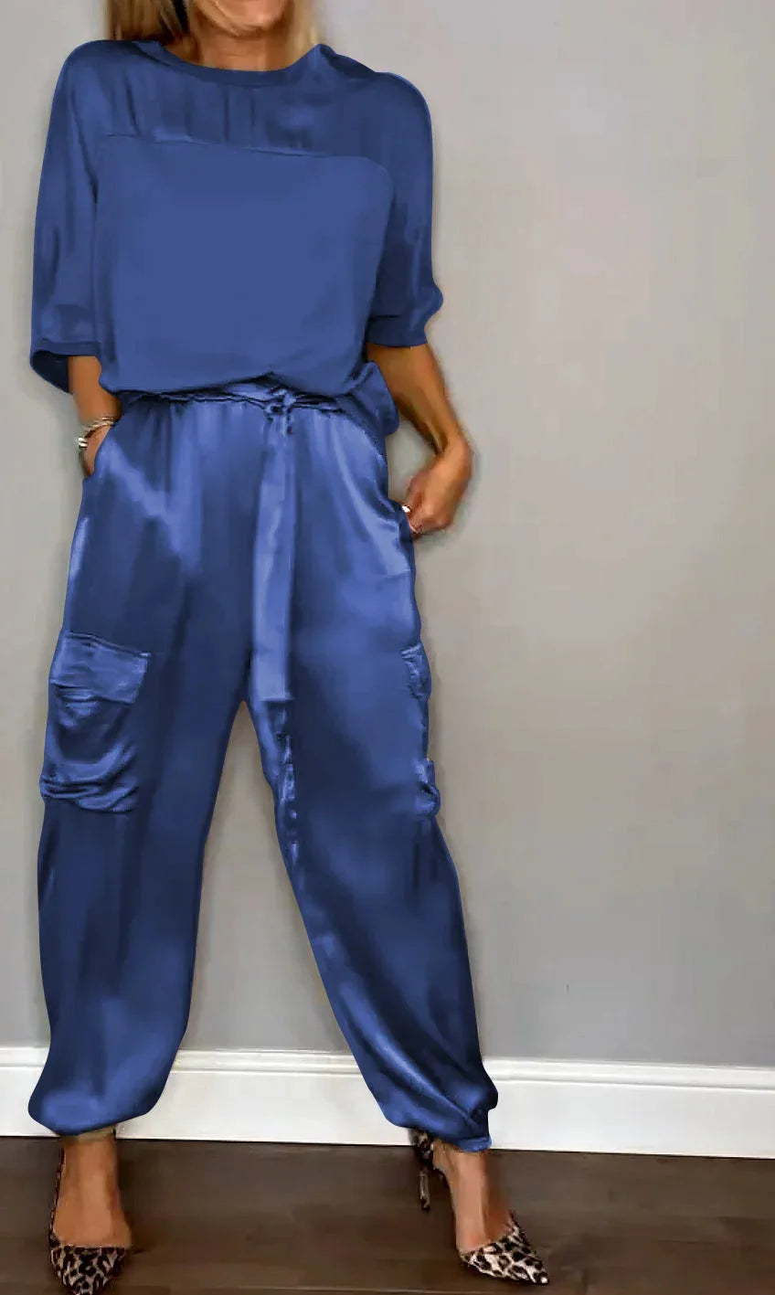 Satin Half Sleeves T-Shirt + Cargo Cuffed Pant - Two-Piece Set