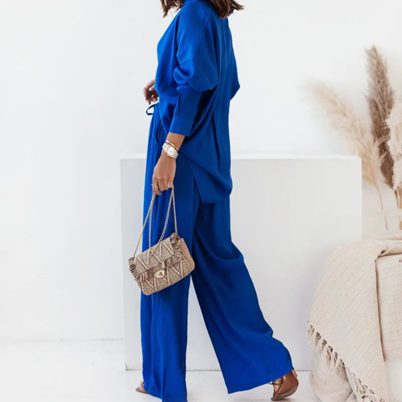 Solid Color Lapel Top + High Waist Trousers -Two-Piece Set