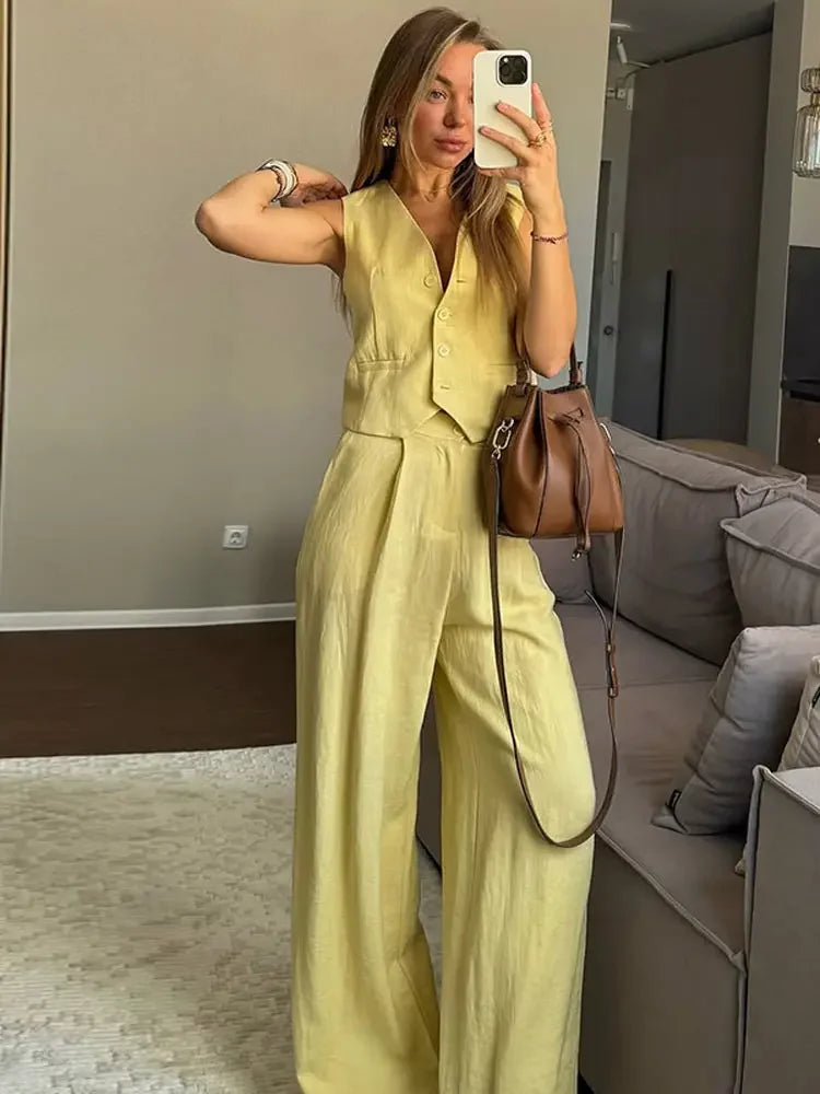 Yellow Sleeveless Button-Down Vest + Trouser Pant Suit - Two-Piece Set