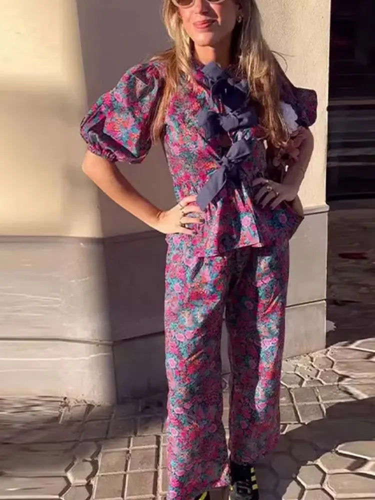Floral Print Bow-Tie Blouse + Trouser Pant - Two-Piece Set