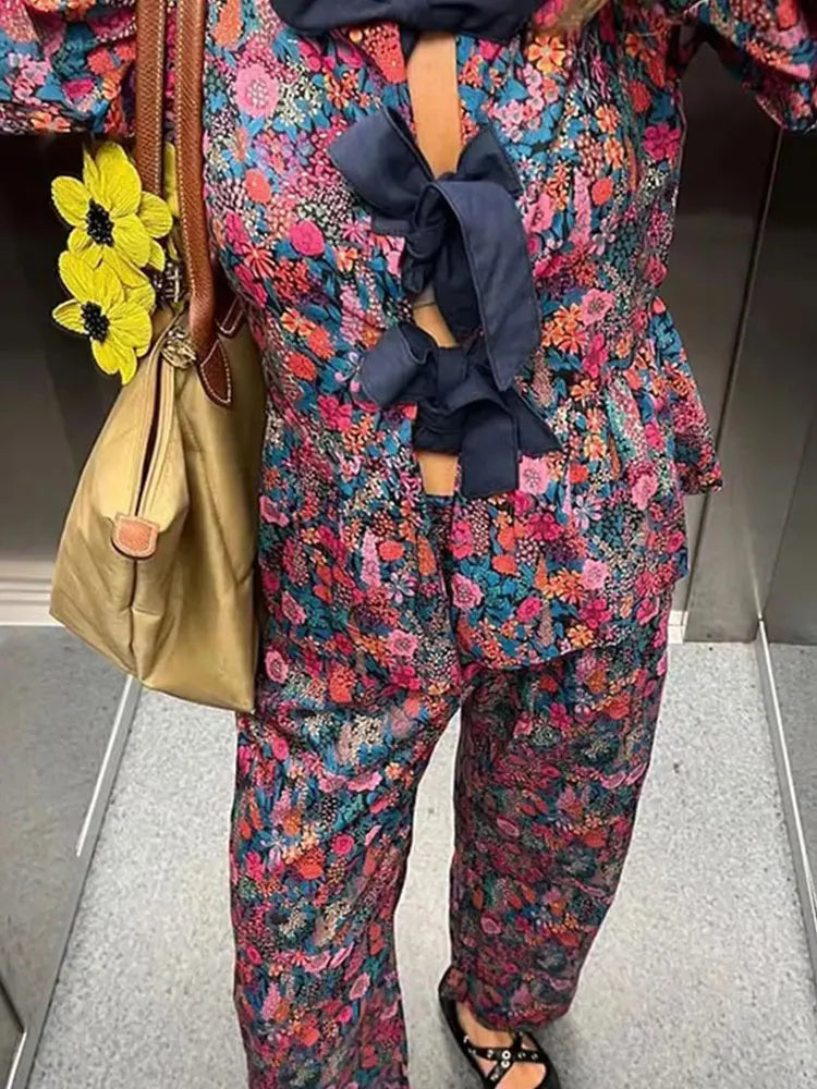 Floral Print Bow-Tie Blouse + Trouser Pant - Two-Piece Set