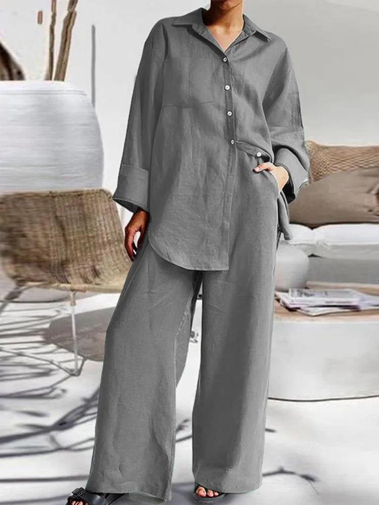 Casual Cotton Lapel Top Blouse + Wide-Leg Trouser Pant- Two-Piece Set