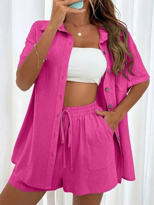 Solid Color Button Shirt w/ Pocket + Tie Shorts - Two-Piece Set
