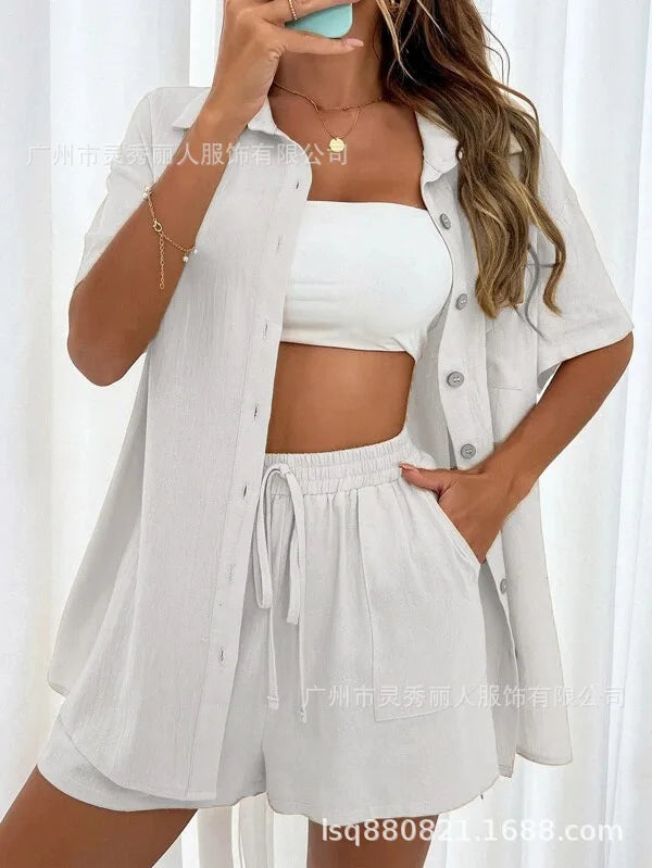 Solid Color Button Shirt w/ Pocket + Tie Shorts - Two-Piece Set