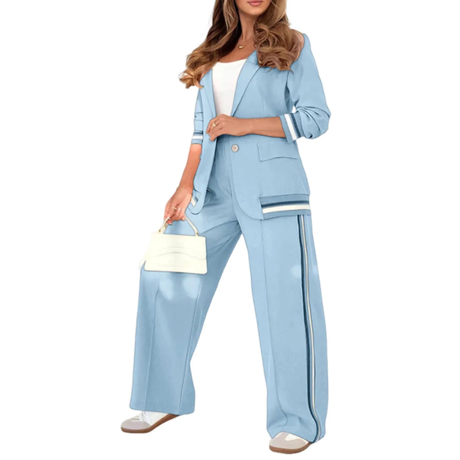Casual Lapel Blazer Jacket + Wide-Leg Trousers