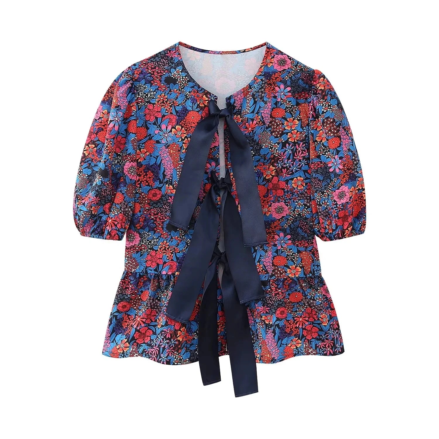 Floral Print Bow-Tie Blouse + Trouser Pant - Two-Piece Set