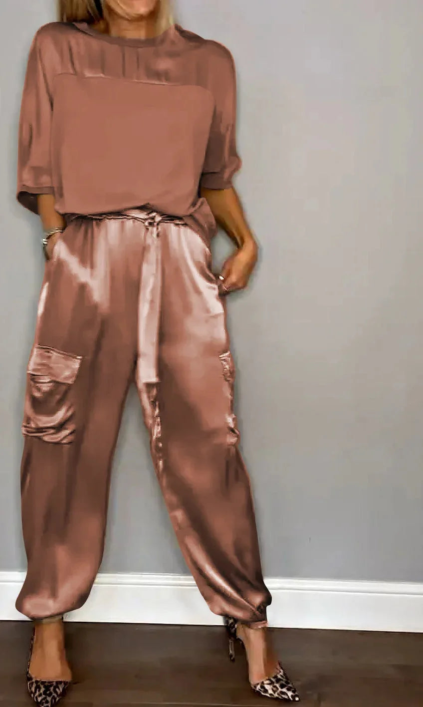 Satin Half Sleeves T-Shirt + Cargo Cuffed Pant - Two-Piece Set