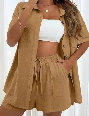 Solid Color Button Shirt w/ Pocket + Tie Shorts - Two-Piece Set