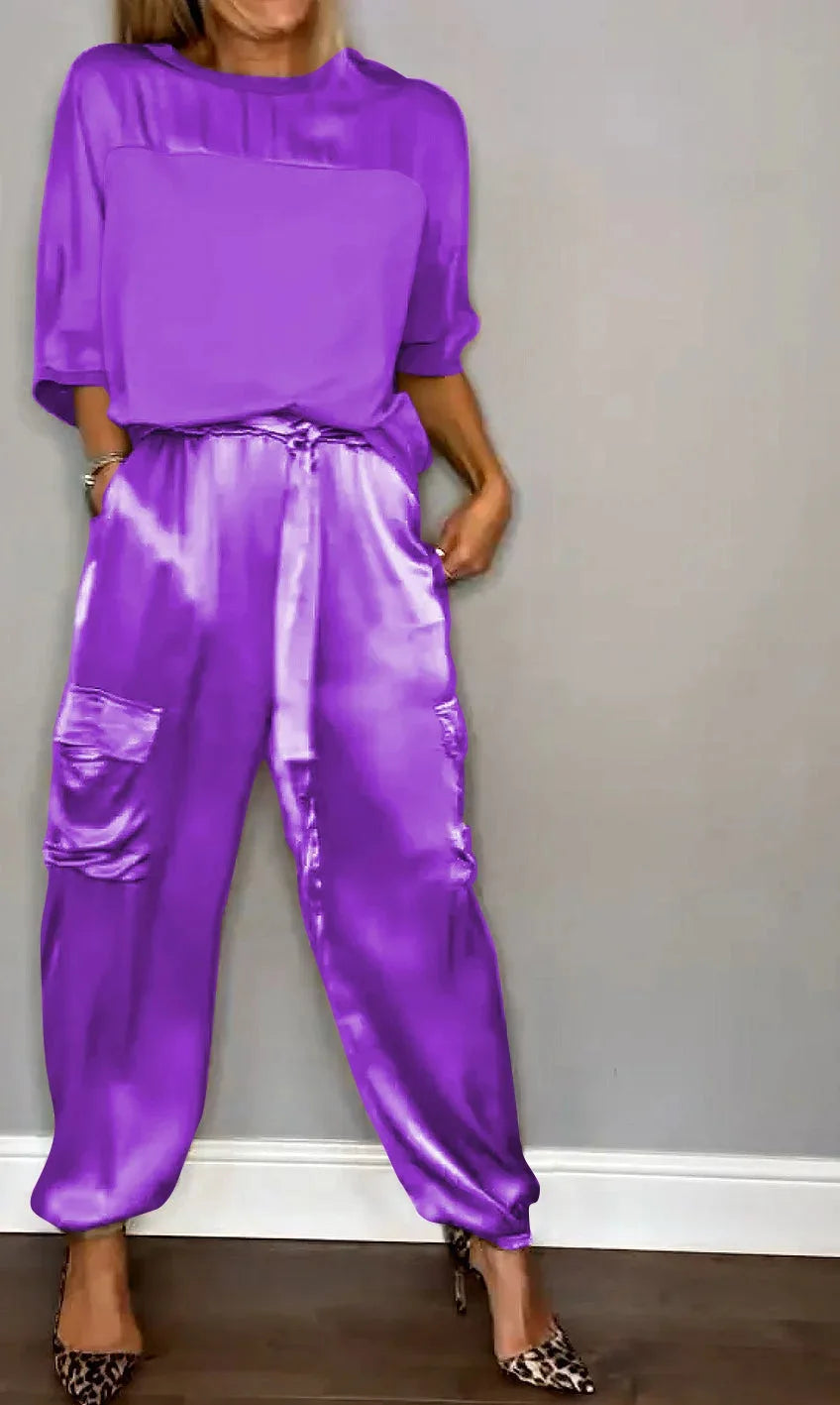 Satin Half Sleeves T-Shirt + Cargo Cuffed Pant - Two-Piece Set