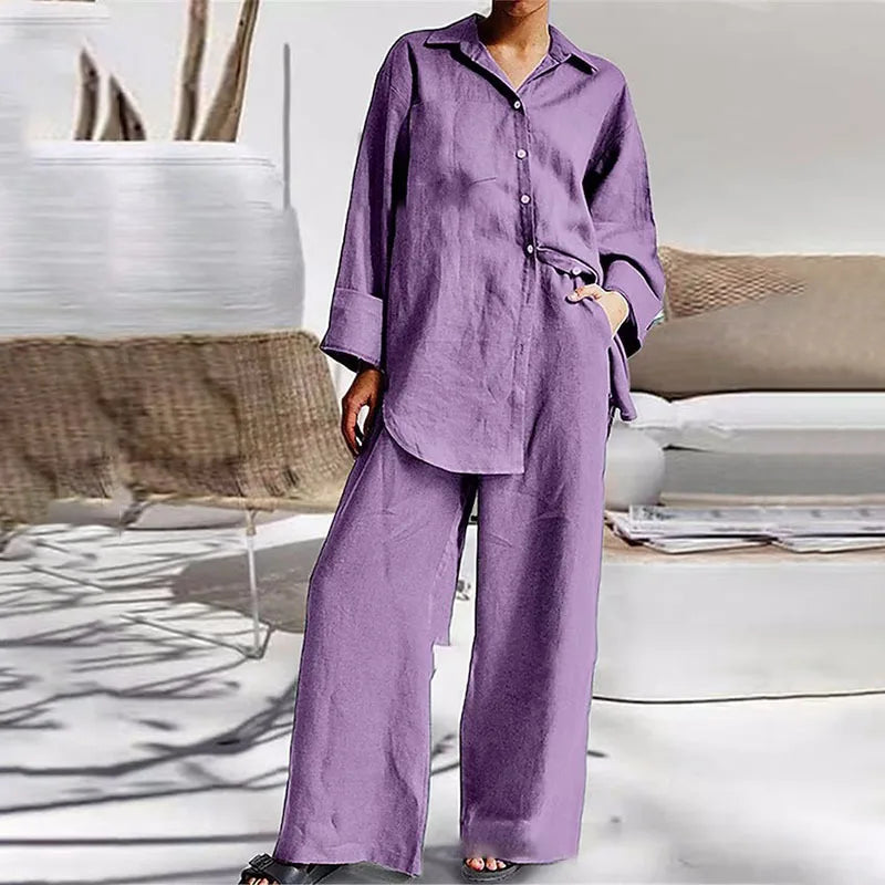 Casual Cotton Lapel Top Blouse + Wide-Leg Trouser Pant- Two-Piece Set