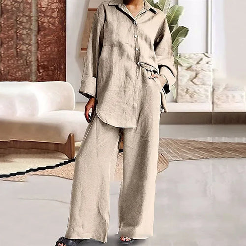 Casual Cotton Lapel Top Blouse + Wide-Leg Trouser Pant- Two-Piece Set