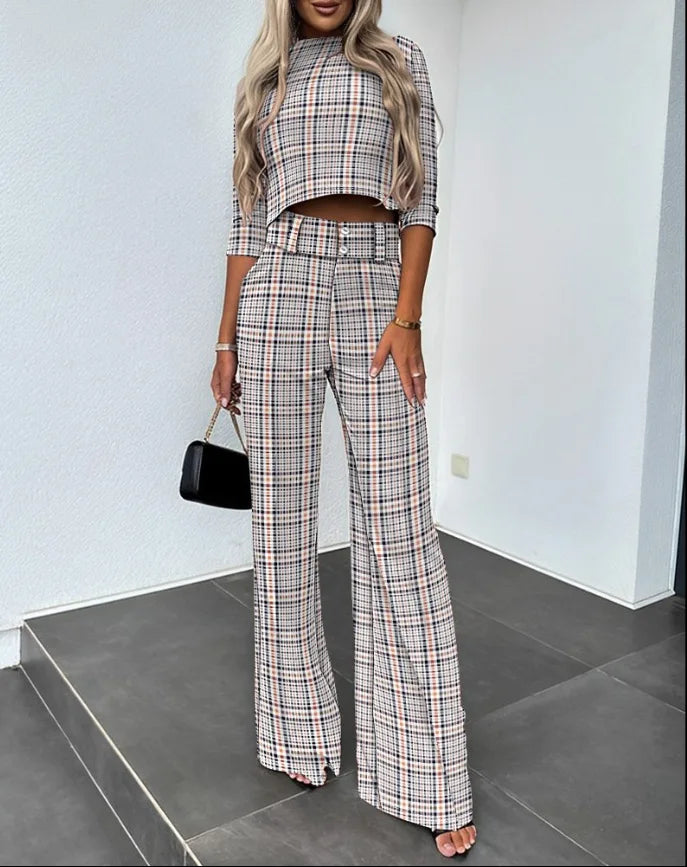 Women's High Neck Long Sleeve + Pocket Micro Horn Printed Pants - Two Piece Set