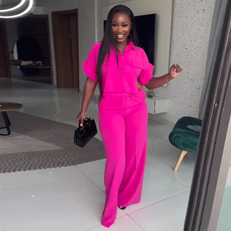 Casual Solid Short Sleeve Loose Shirt & Wide Leg Pants - Two-Piece Set