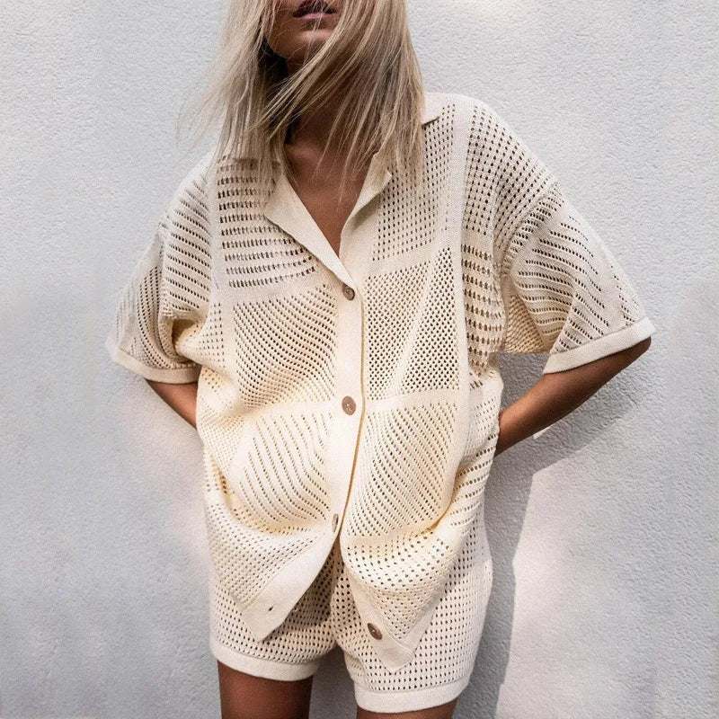 Slim Knit Hollow Cardigan Top + Short - Two-Piece Set