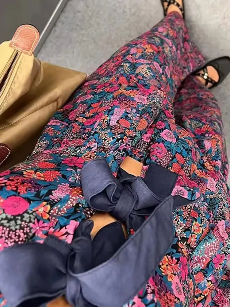 Floral Print Bow-Tie Blouse + Trouser Pant - Two-Piece Set