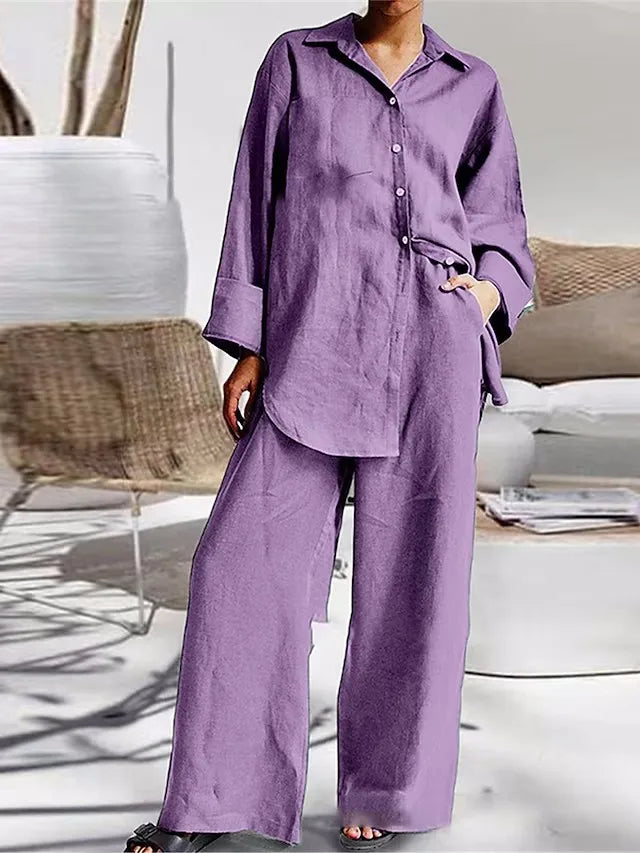 Casual Cotton Lapel Top Blouse + Wide-Leg Trouser Pant- Two-Piece Set
