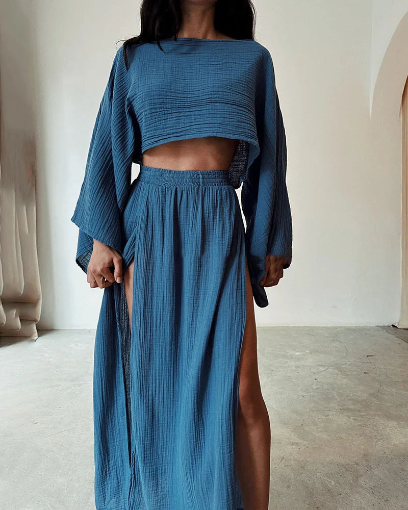 Casual Linen O Neck Cropped Top + Long Side Slit Skirt - Two-Piece Set
