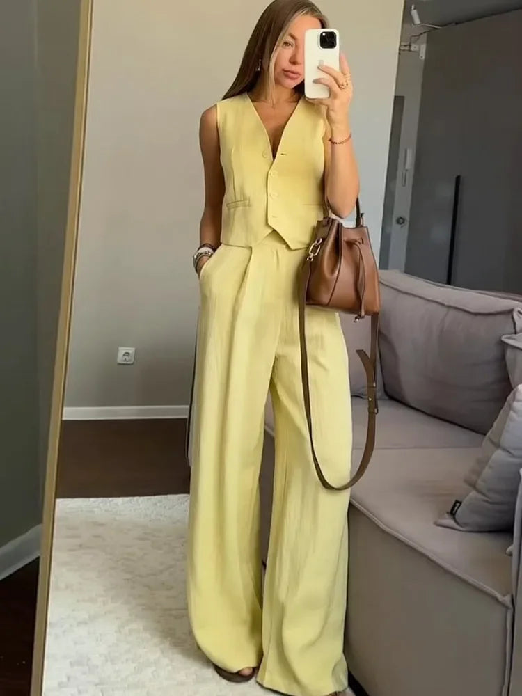 Yellow Sleeveless Button-Down Vest + Trouser Pant Suit - Two-Piece Set