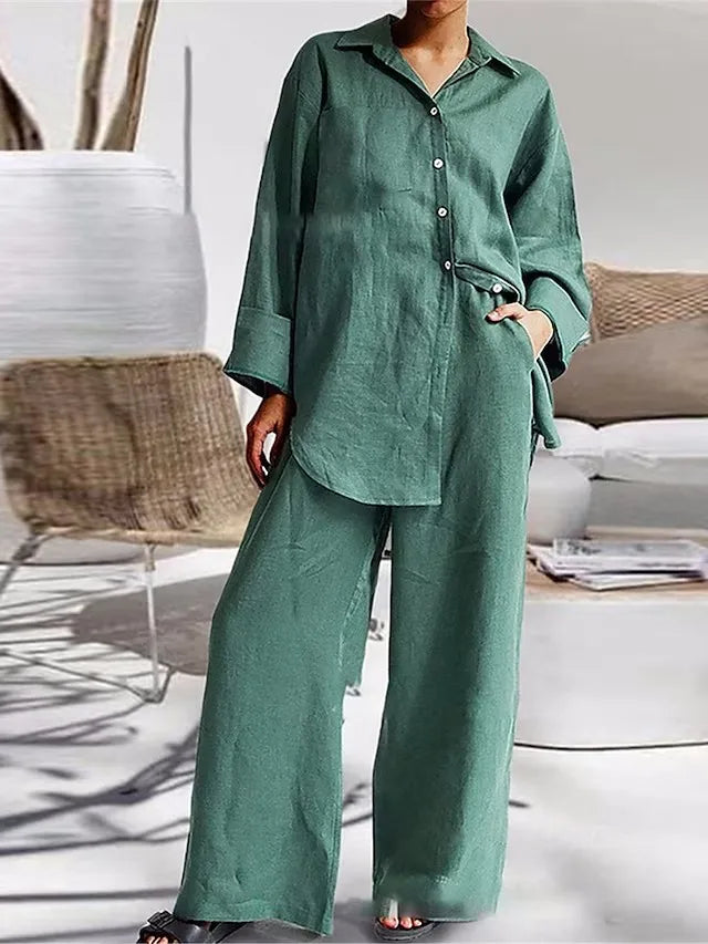 Casual Cotton Lapel Top Blouse + Wide-Leg Trouser Pant- Two-Piece Set