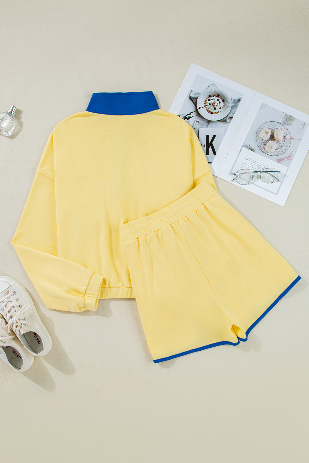 Shelby Patchwork Half Button Pullover and Shorts Outfit